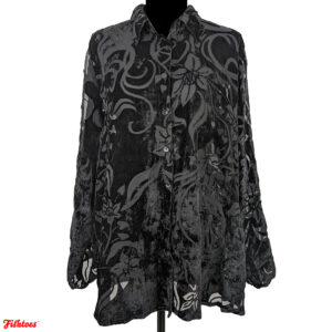 Black Velvet Floral Flower Button Up Dress Shirt Women's Large Thrift