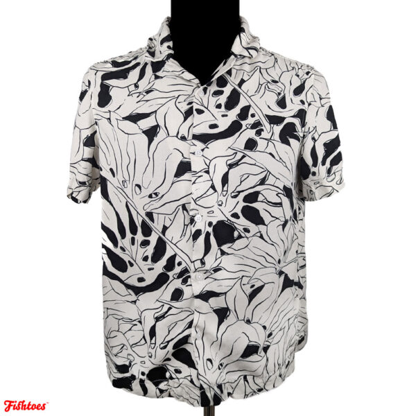 Black & White B&W Exotic Palm Leaf Men's Medium Short Sleeve Button Up Shirt H&M Thrift Fishtoes