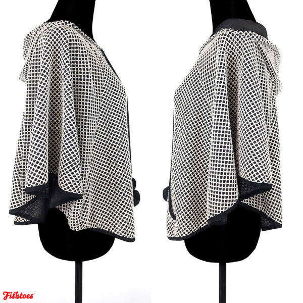 Black White Hoodie Hood Cape Pom Poms Criss Cross Women's Medium