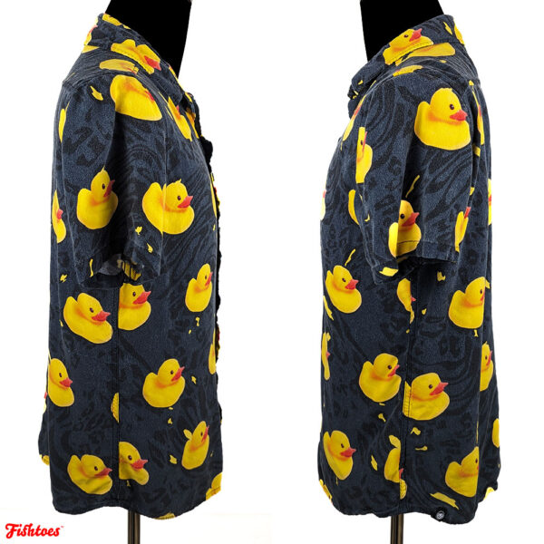 Black Yellow Rubber Duck Ducky Printed Short Sleeve Dress Button Up Shirt Men's Large