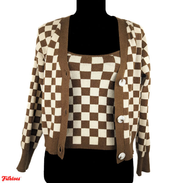 Brown Tan Checkered Matching Set Sweater Tank Top Women's Small Willow & Wind