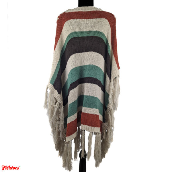 Brown Cream Orange Green Poncho Fringe Indian Aztec Native Poncho Cape Women's XL