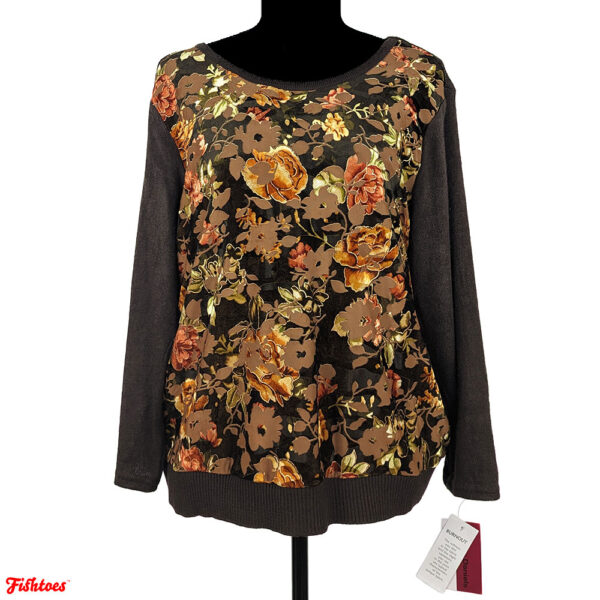 Cathy Daniels Burnout Floral Brown Gold Sweater Women's Large Thrift