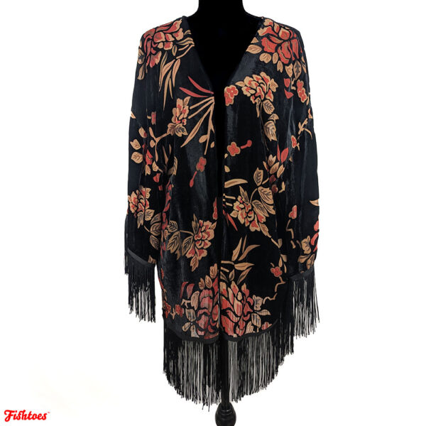 Chloah Black Velvet Velvety Floral Cover Up Fringe Long Evening Shawl Women's Large Thrift Fishtoes