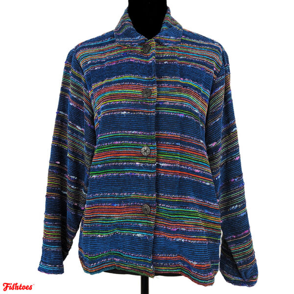 Coldwater Creek Blue Corduroy Striped Rainbow Button Jacket Women's PM Petite Medium Thrift