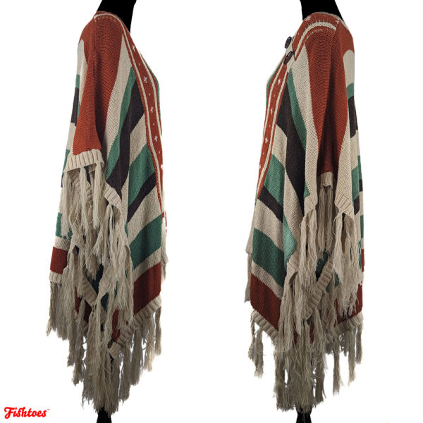 Cream Orange Green Brown Southwestern Fringe Poncho Women's XL