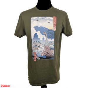 Design By Humans Japanese Mt Fuji Brontosaurus Stegosaurs Triceratops Printed T=Shirt Men's Large