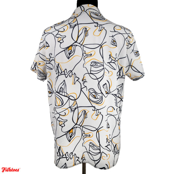 Faces Drawing Sketch Art White Black Yellow Button Up Short Sleeve Dress Shirt Men's Large