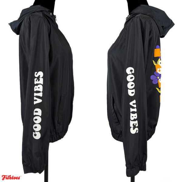 Good Vibes Print Graphic Hood Jacket Black White Women's Small Zip Up