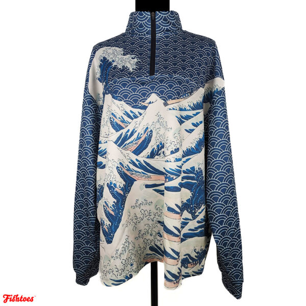 Japanese Waves Graphic Print Sweatshirt Zip Up Women's XL Thrift Fishtoes