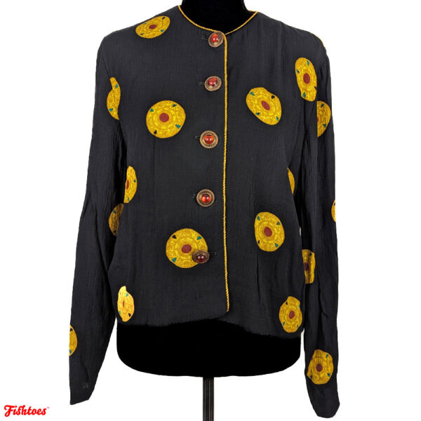 LSP Asian Printed Long Sleeve Shirt Top Blouse Gold Red Black Women's Medium Thrift Fishtoes