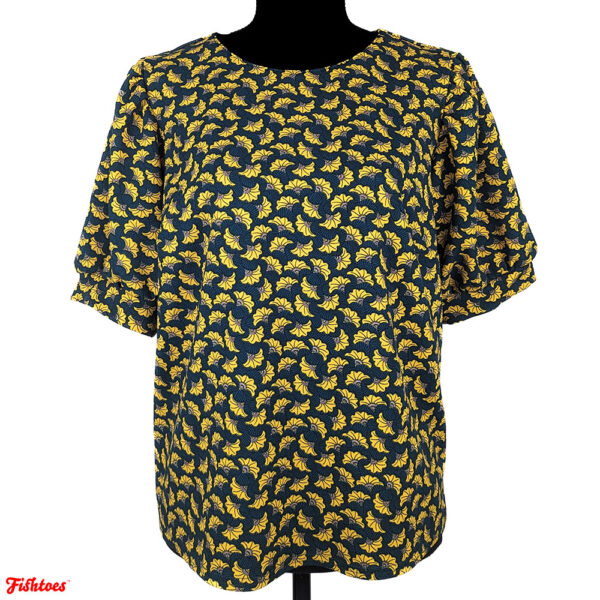 Melloday Yellow Green Short Sleeve Patterned Top Shirt Blouse Women's Medium Thrift Fishtoes