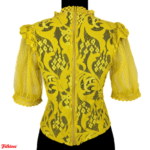 Mustard Yellow Corset Top Princess Sleeves Collared Party Evening Funky Top Blouse Fitted Women's Medium Thrift