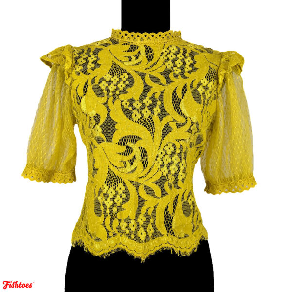 Mustard Yellow Mesh See-Through Collared Mid Sleeve Princess Women's Medium Top Blouse Unique Thrift Fishtoes