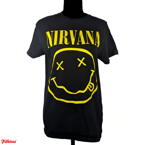 Nirvana Black Yellow Smiley Face Smile Tongue Long Short Sleeve T-Shirt Women's Small