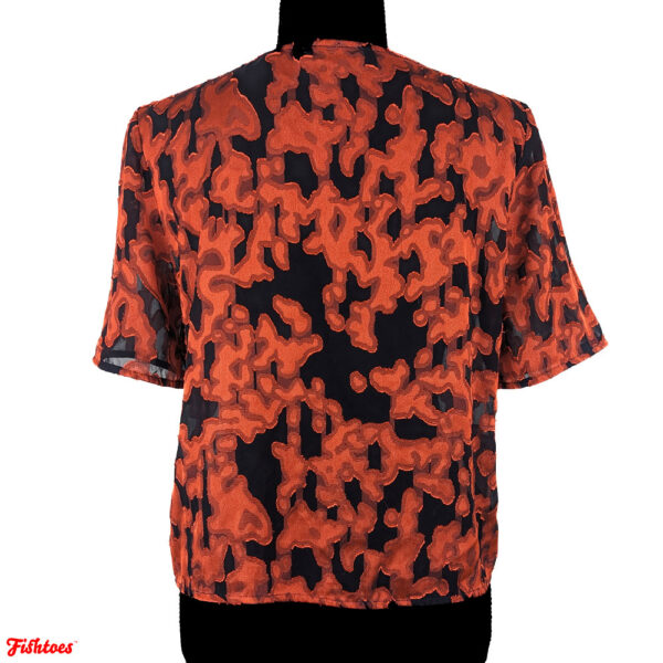 Orange Pattern On Black See Through Short Sleeve Top Blouse Women's Small Thrift