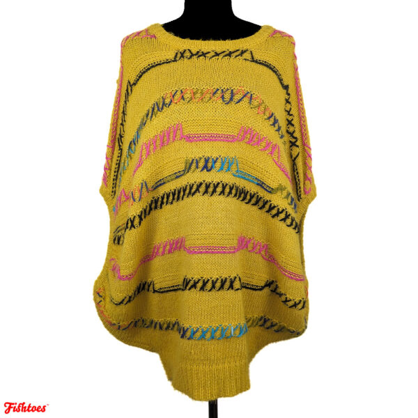 Oversized Yellow Yarn Woven Crochet Sweater Dress Colorful Long Thrift Women's Large Fishtoes