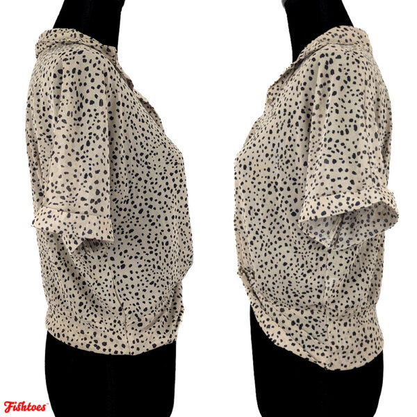 See Through Sheer Cheetah Print Collared Crop Top Shirt Blouse Button Up Women's Medium