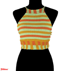 Sexy Hippie Crochet Halter Top Striped Orange Mint Gold Buttons Women's Small Thrift Fishtoes