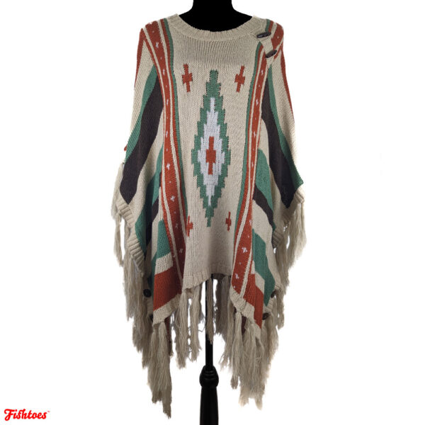 Southwest Southwestern Aztec Native American Indian Fringe Poncho Cape Women's XL