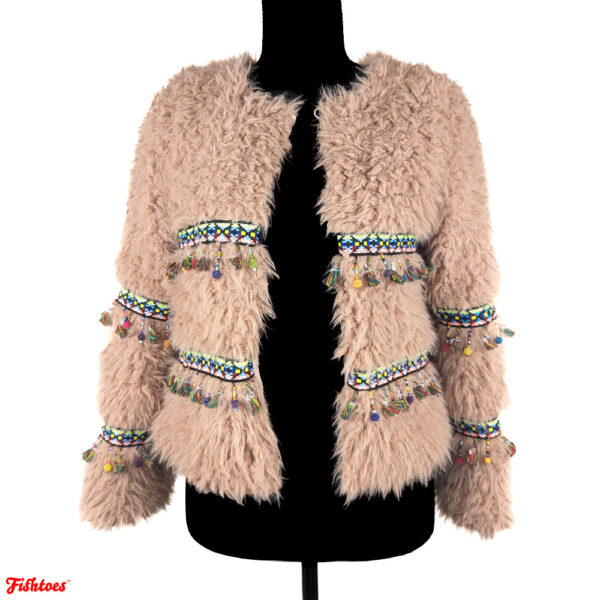 Unique Hippie Faux Fur Jacket Dusty Pink Neon Trim Tassels Coat Women's Small