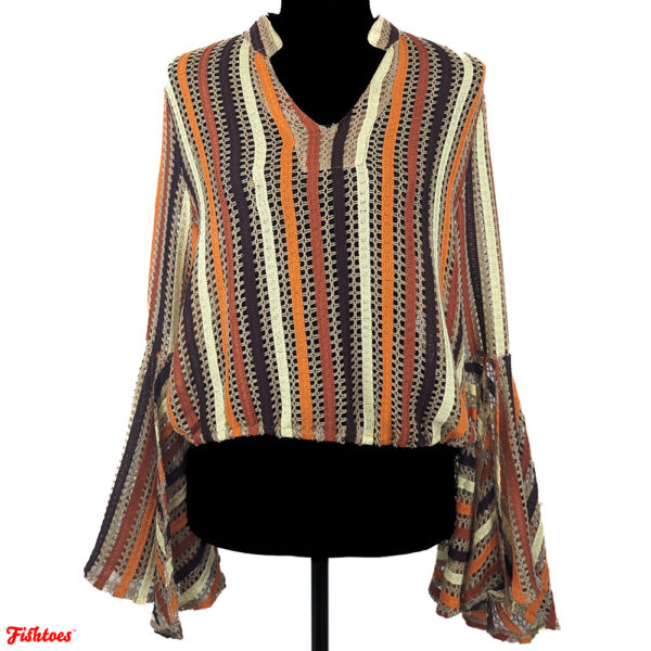 Unique Hippie See Through Woven Crochet Big Sleeves Orange Cream Brown Sixties Seventies Long Sleeve Blouse Top Shirt Women's Large Thrift Fishtoes