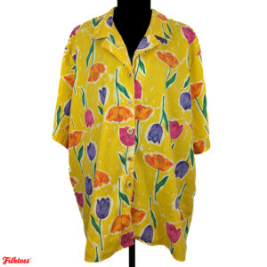 Vintage Nineties 90's Funky Unique Bobbi Brook Plus Women's XL Button Up Collared Short Sleeve Dress Shirt Yellow Painted Flower Tulips Thrift Fishtoes