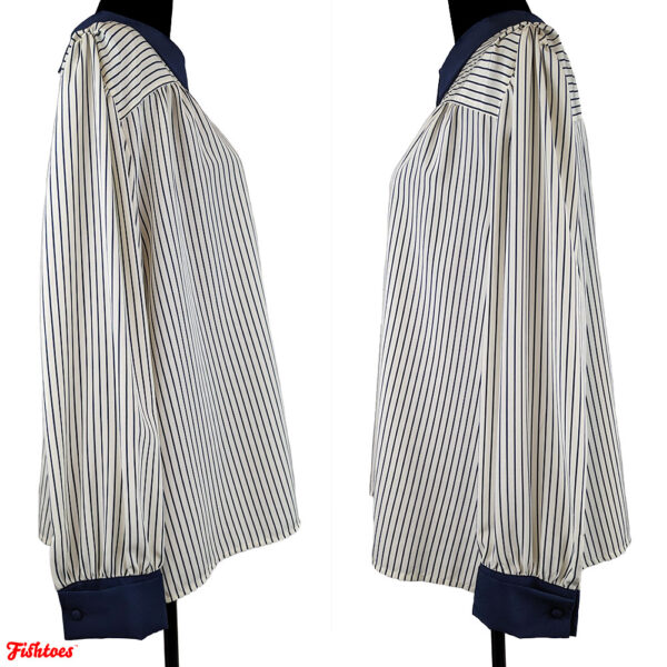 Vintage Polyester White Blue Polyester Collared Long Sleeve Women's Shirt Large