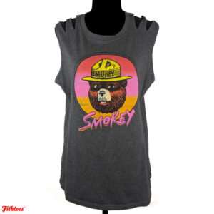 Vintage Retro Smokey The Bear T-Shirt Tank Top Yellow Pink Grey Printed Graphic Tee Women's XL Thrift Fishtoes