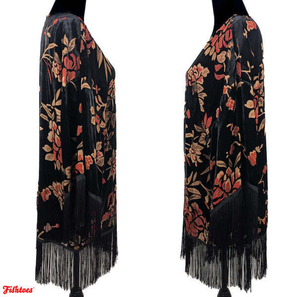 Vintage Style Flapper Fringe Cover Up Robe Jacket Cape Velvet Floral Flower Black Red Gold Women's Large