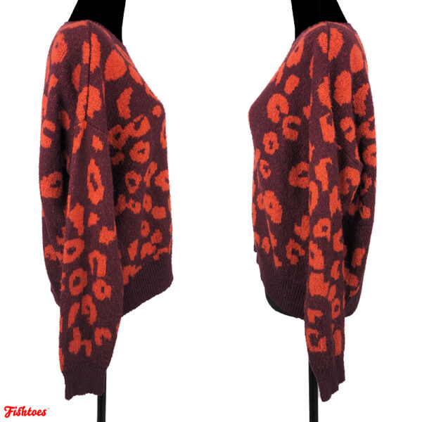 Wine Red Orange Patterned Shapes Cheetah Sweater Women's Medium Unique