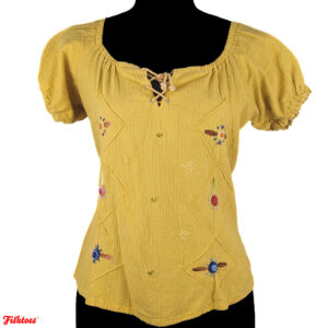 Yellow Spanish Peasant Hand Embroidered Floral Short Sleeve Top Shirt Women's Small Thrift Fishtoes