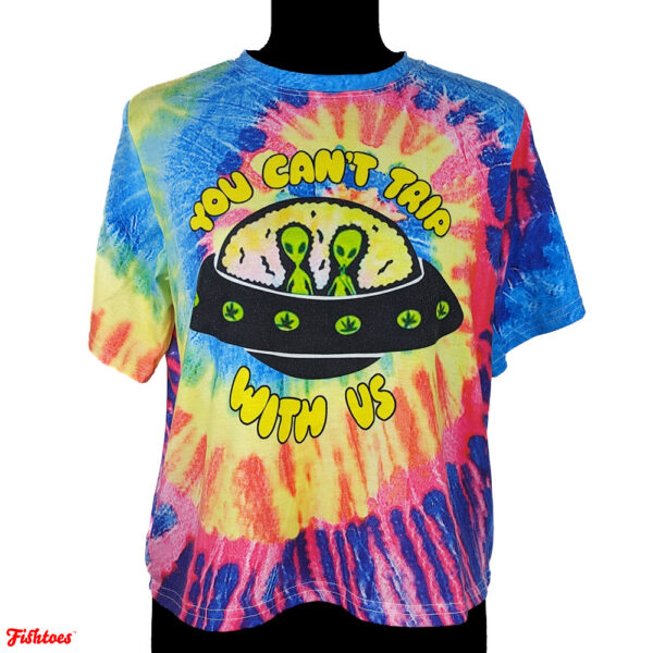 You Can't Trip With Us Alien Spaceship UFO Graphic Printed Tie Dye Rainbow Women's Medium T-Shirt Thrift Fishtoes