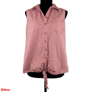 Anne Klein Picnic Table Red White Striped Checkered Sleeveless Shirt Tank Top Gold Buttons Tie Women's Medium