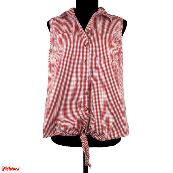 Anne Klein Picnic Table Red White Striped Checkered Sleeveless Shirt Tank Top Gold Buttons Tie Women's Medium