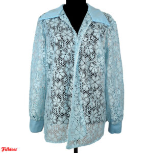 Aqua Blue Mesh Floral Flower See Through Pointed Collar Handmade Coverup Shirt Women's Large