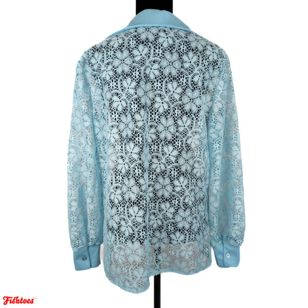 Aqua Blue See Through Mesh Floral Long Sleeve Shirt Coverup Women's Large