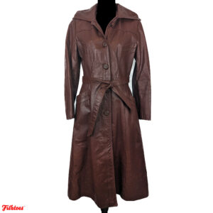 Authentic Vintage 60's 70's Brown Leather Trench Coat Hood Button Women's Small Thrift Fishtoes