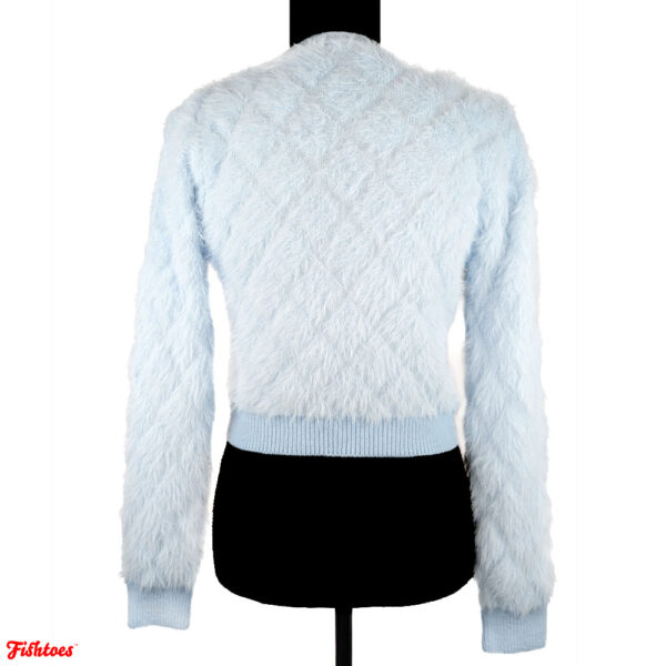 Baby Blue Faux Fur Cropped Pearl Button Up Pockets Long Sleeve Sweater Women's Small