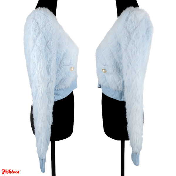 Baby Blue Faux Fur Cropped Pearl Button Up Pockets Long Sleeve Sweater Women's Small Clueless