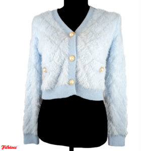 Baby Blue Faux Fur Cropped Pearl Button Up Pockets Long Sleeve Sweater Women's Small Thrift Fishtoes