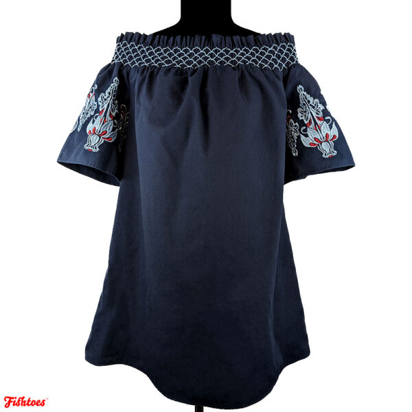 Bleuh Ciel Embroidered Navy Blue Shoulder Top Shirt Blouse Women's Small