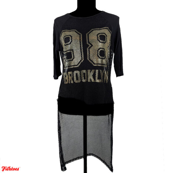 Brooklyn 98 Gold Lettering Black Mesh Short Front Long Back Jersey Dress Shirt Full Length Women's Small