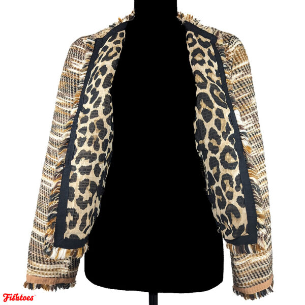 Brown Tan Black White Fringe Thick Woven Jacket Women's Medium Cheetah Print Lining