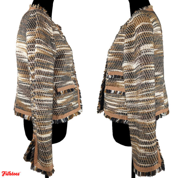 Brown Tan Black White Fringe Thick Woven Jacket Women's Medium African Style