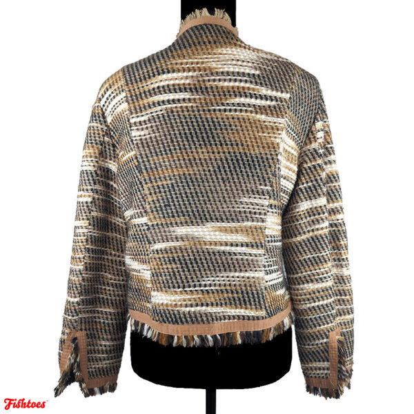 Brown Tan Black White Fringe Thick Woven Jacket Women's Medium Safari Unique