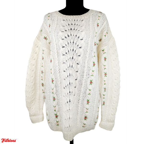 Chelsea Young Mohair Wool Cream Embroidered Flowers Sweater Women's Medium Thrift Fishtoes