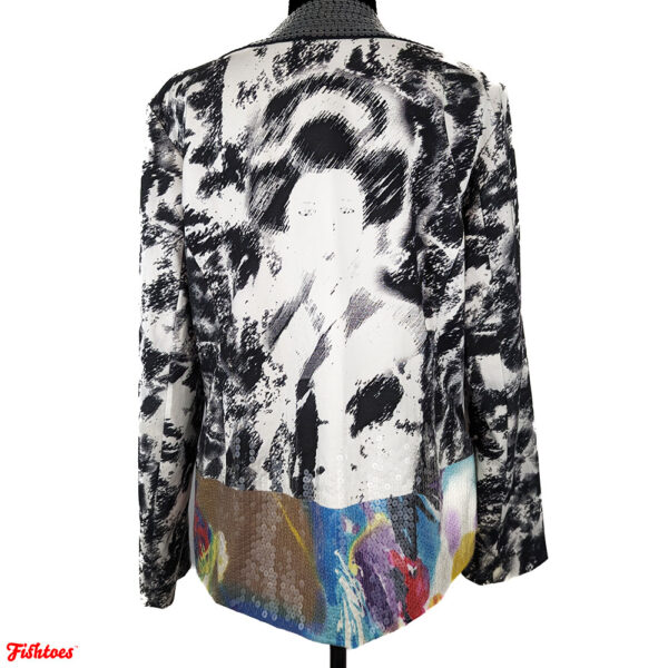 Chicos Geisha Printed Back Jacket Black White Rainbow Asian Japanese Chinese Women Size 2 Medium