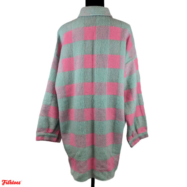 Coeur De Vague Teal Pink Checkered Plaid Button Up Sweater Jacket Women's Large