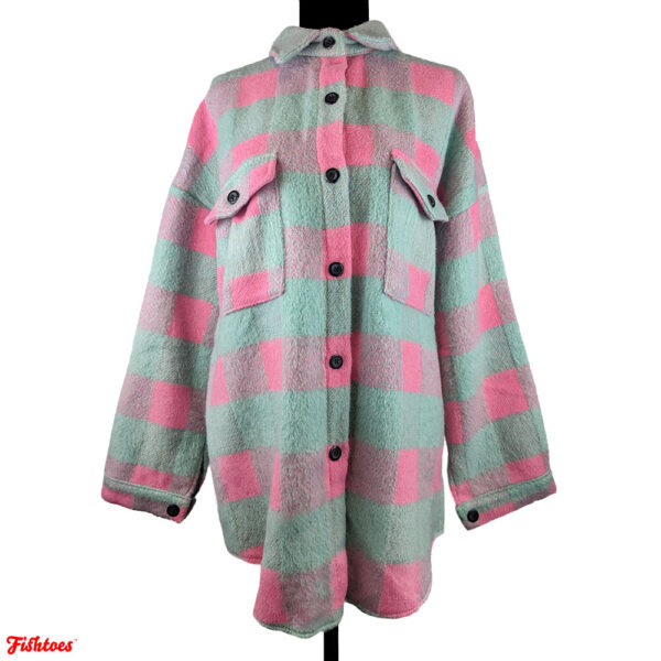 Coeur De Vague Teal Pink Checkered Plaid Button Up Sweater Jacket Women's Large Thrift Fishtoes